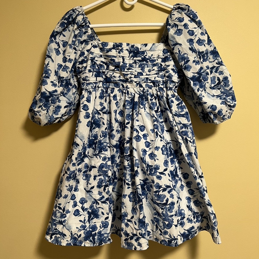 Abercrombie Emerson Floral Poplin Puff Sleeve Midi Dress Blue Size Small